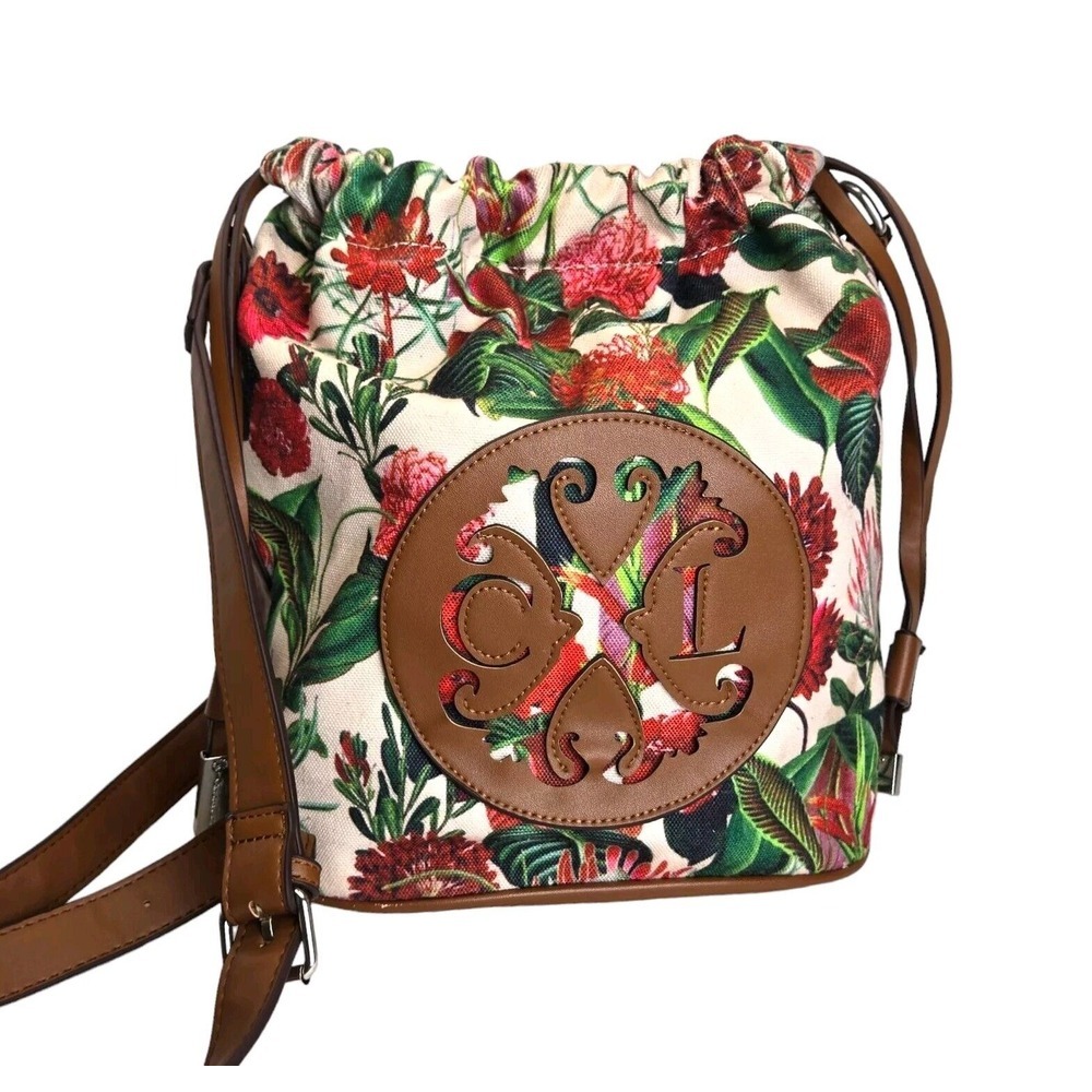 Christian Lacroix‎ Crossbody BUCKET Bag Drawstring Purse Floral Green Boho